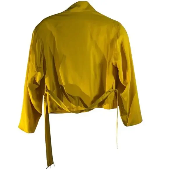Vintage 80s Yellow Silk Moto Jacket Bold Shoulders Structured Hong Kong Made - Picture 13 of 15